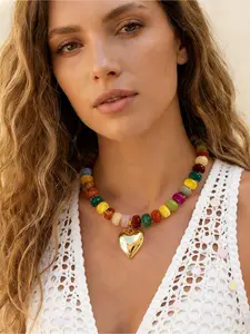 Colorful Resin Beaded Necklace, Boho Heart Pendant Acrylic Choker, Perfect for Women's Daily Wear and Parties, All Seasons Accessory