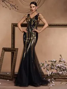 BluePlum Elegant Pearl Embroidered V-Neck Mermaid Dress, Sparkling Flower Sequin Evening Gown for Dinner and Formal Occasions