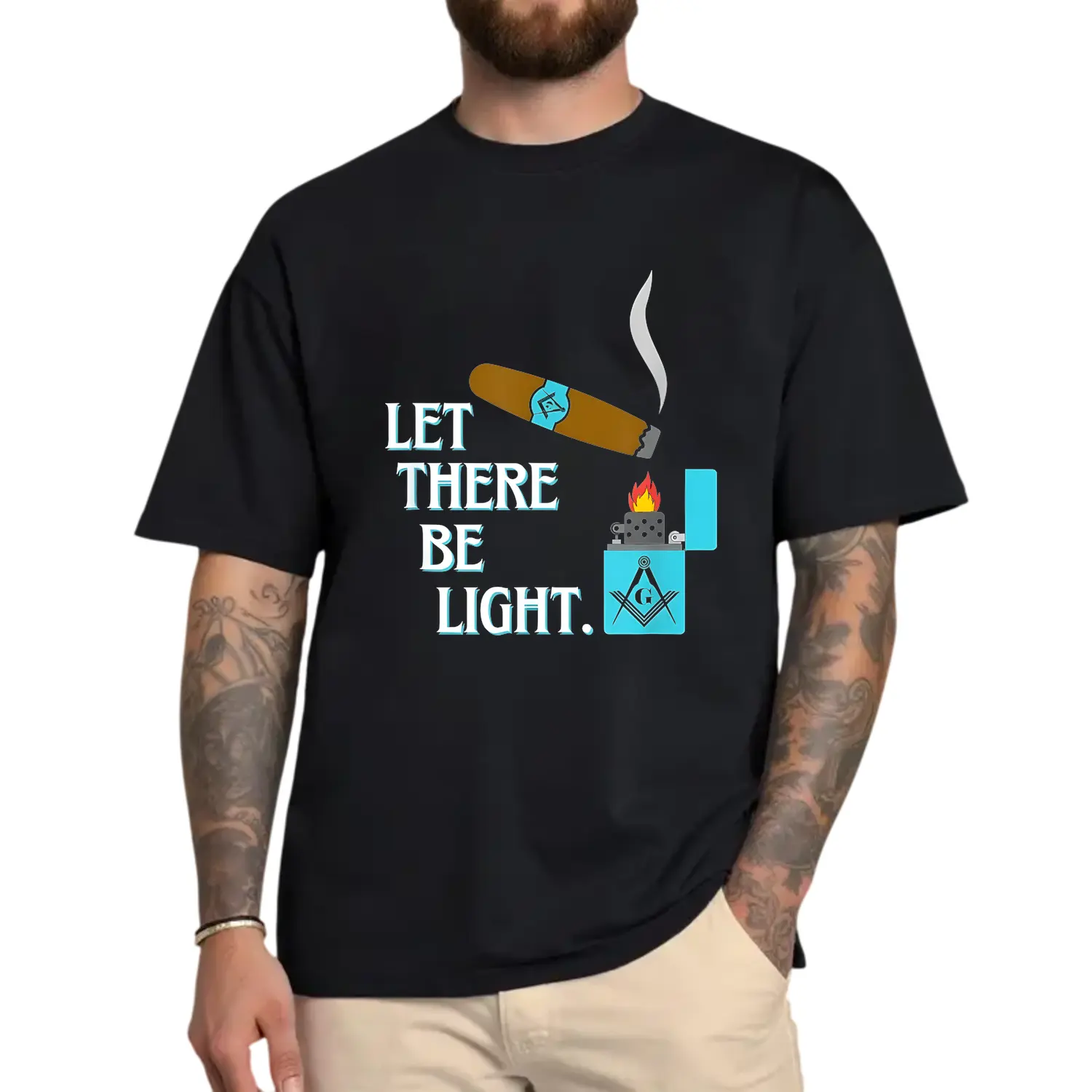 Men's Vintage Masonic Cigar & Lighter Graphic Slim-Fit Short-Sleeve Casual Cotton T-Shirt, Menswear Top