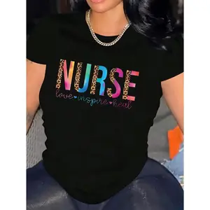 Women'S Nursing-Themed Casual T-Shirt - -Themed Lettering with Leopard Print & Stethoscope Design, Lightweight Breathable Fabric for Spring Summer Fall, Work & Casual Attire, Nurse Apparel Gift for Healthcare Professionals ( with Pink & Lettering)