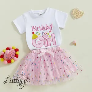 Baby Girl Birthday Outfit Toddler Embroidered Letter T-Shirt and Glitter Tulle Tutu Skirt 2-Piece Set for 6-24 Months