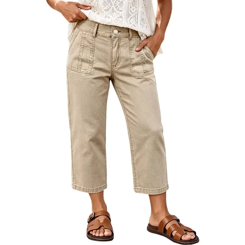 Flamingals Solid Patch Pocket Mid Rise Straight Leg Crop Pants Womenswear Stretchy 22" Inseam