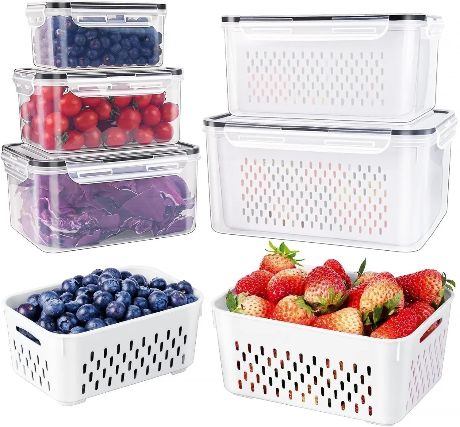 5 PCS Large Fruit Containers for Fridge - Leakproof Food Storage Containers with Removable Colander - Dishwasher & microwave safe Produce Containers Keep Fruits, Vegetables, Berry, Meat Fresh longer Kitchen Lid Plastic Utensils