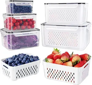 5 PCS Large Fruit Containers for Fridge - Leakproof Food Storage Containers with Removable Colander - Dishwasher & microwave safe Produce Containers Keep Fruits, Vegetables, Berry, Meat Fresh longer Kitchen Lid Plastic Utensils