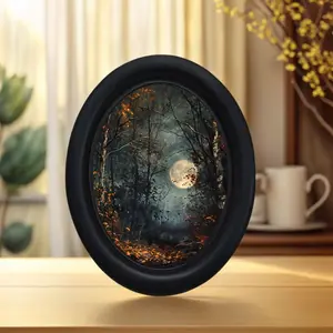 Dark Forest Moonlit Decorative Painting, Vintage Oil Painting Style Oval Frame Wall Art, Unique Atmosphere Wall Decoration for Halloween, Christmas, Thanksgiving, Wood Wall Art