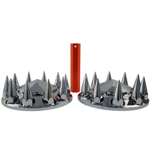 Chrome Abs Complete Axle Cover Set With Hub Caps And 33mm Screw-on Spiked Lug Nut Covers For Semi (2 Front)