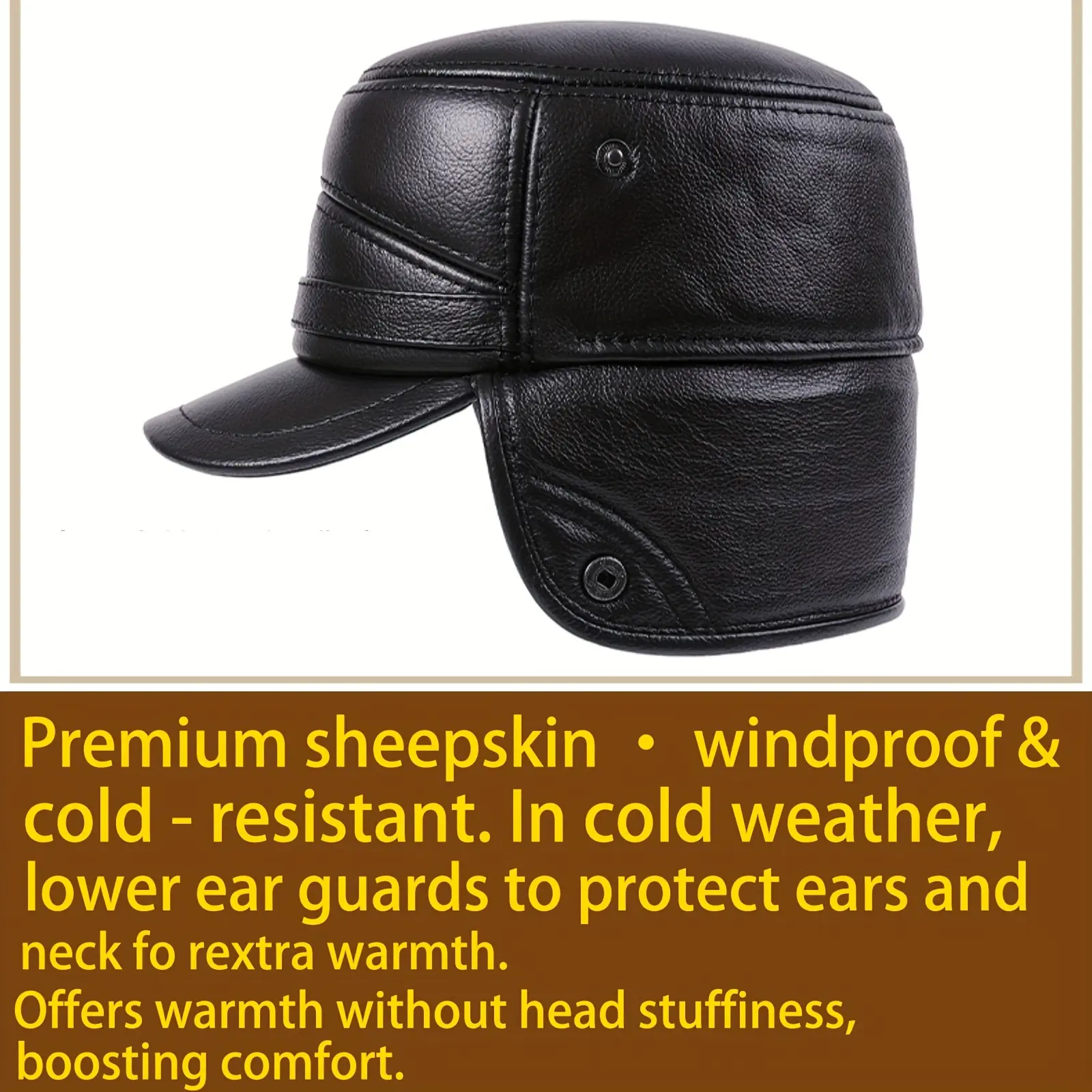 Men's Crafted Sheepskin Leather Trapper Hat - Warm Cold Protection Cap, Fitted Shape, Thick Fleece Lining, Foldable Ear Flaps, Windproof, Machine Washable, Unisex Winter Casual Headwear