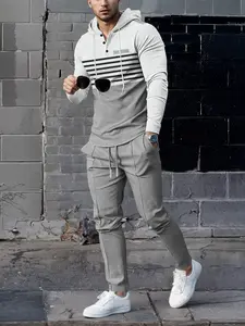 Men's Striped Hooded Sweatshirt & Waffle Knit Pants Set, Breathable Heavyweight Fabric, Casual Streetwear for Travel and Year-Round Wear