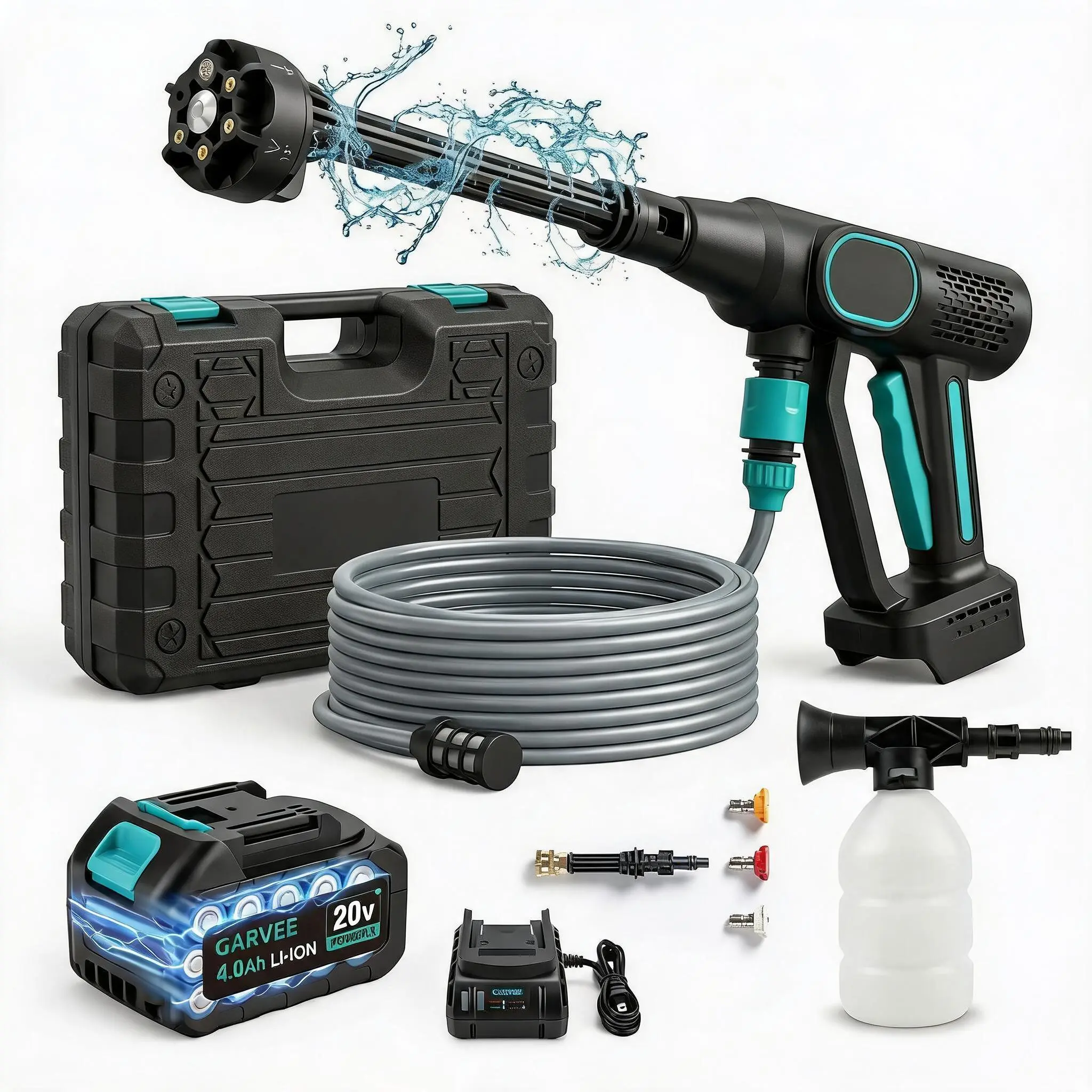Wireless Brushless Pressure Washer 20V – 320 PSI High Pressure – 6-in-1 Adjustable Nozzle, Foam Cannon, 26ft Hose – Rechargeable Battery & Charger – Portable Power Washer for Car, Home, Patio Cleaning