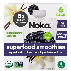 Noka Superfood Fruit Smoothie Pouches, Blackberry Vanilla, Healthy Snacks with Flax Seed, Plant Protein and Prebiotic Fiber, Vegan and Gluten Free Snacks, Organic Squeeze Pouch, 4.22 oz, 6 Count