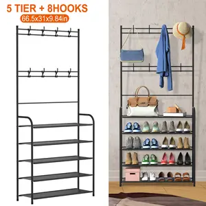 Freestanding Hall Tree Entryway Organizer Combo - Hanging 5-Tier Carbon Steel Garment Hanger, Multifunctional Shoe Rack Organizer, Lightweight Coat Hat Storage Cabinet, 4.1 lbs Max Capacity