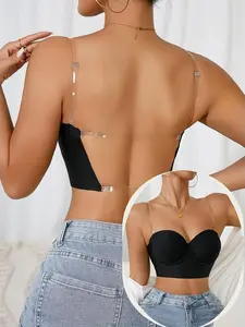 Women Deep Low Back Push Up Bustier Bra With Adjustable Clear Invisible Straps Seamless Support Lingerie For Wedding Prom Backless Outfits