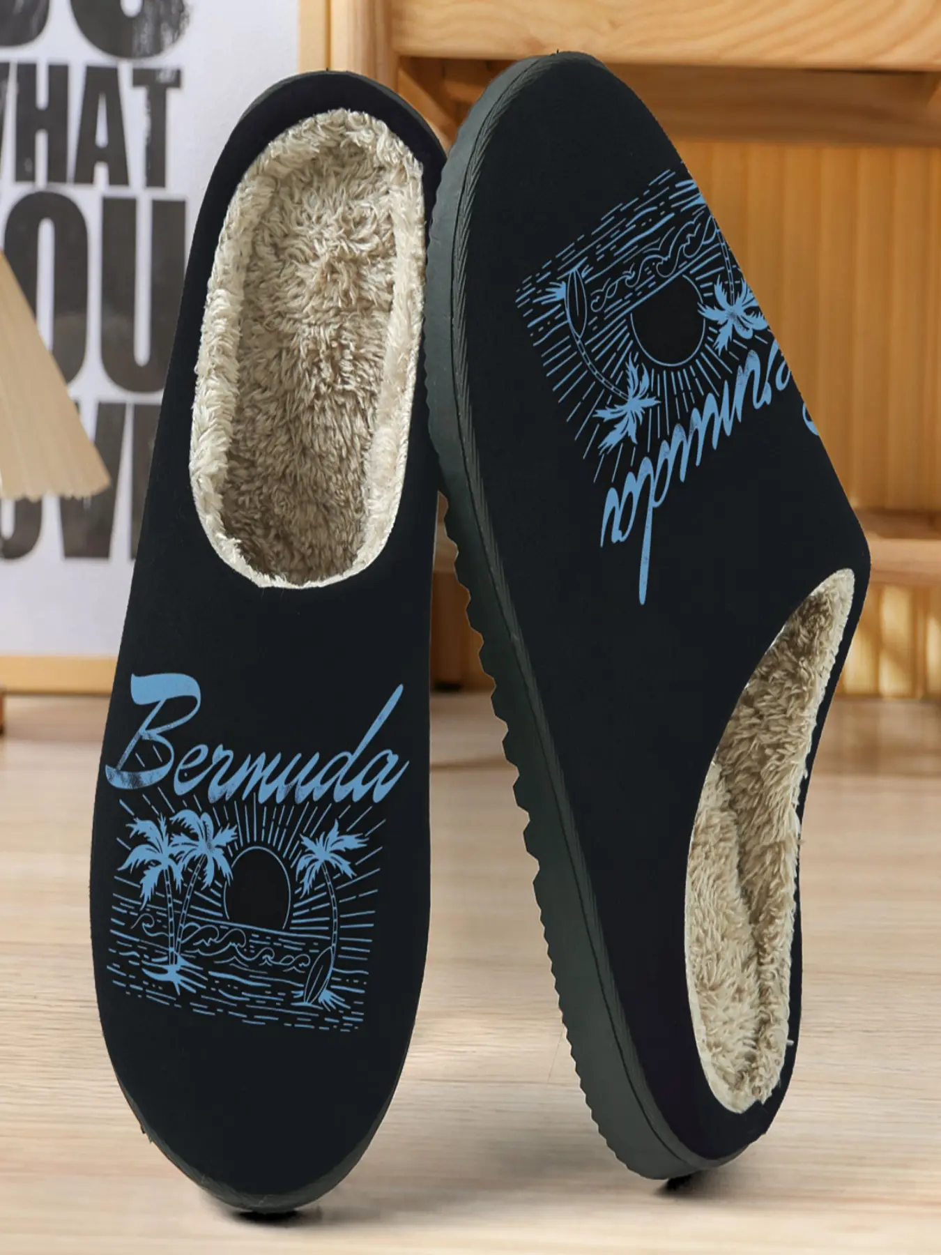 Vintage Bermuda Theme Cotton Slippers, Base with Palm Tree & Wave Elements, Soft Plush Lining, Casual Home Wear for Fall&winter