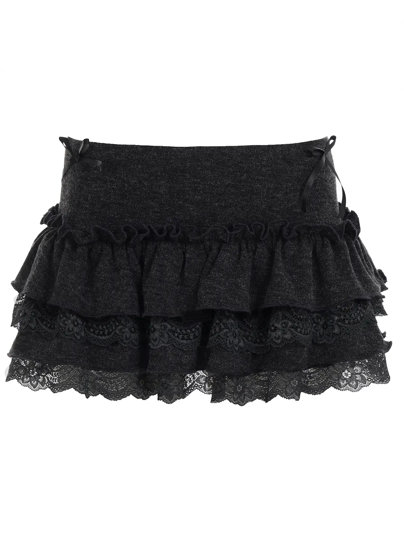 Sweet Girl Style Lace Patchwork Wooden Trim Solid Color Layered Ruffle Trim Skirt, Crinkle Bow Knot Korean Lolita Ultra Short Dress