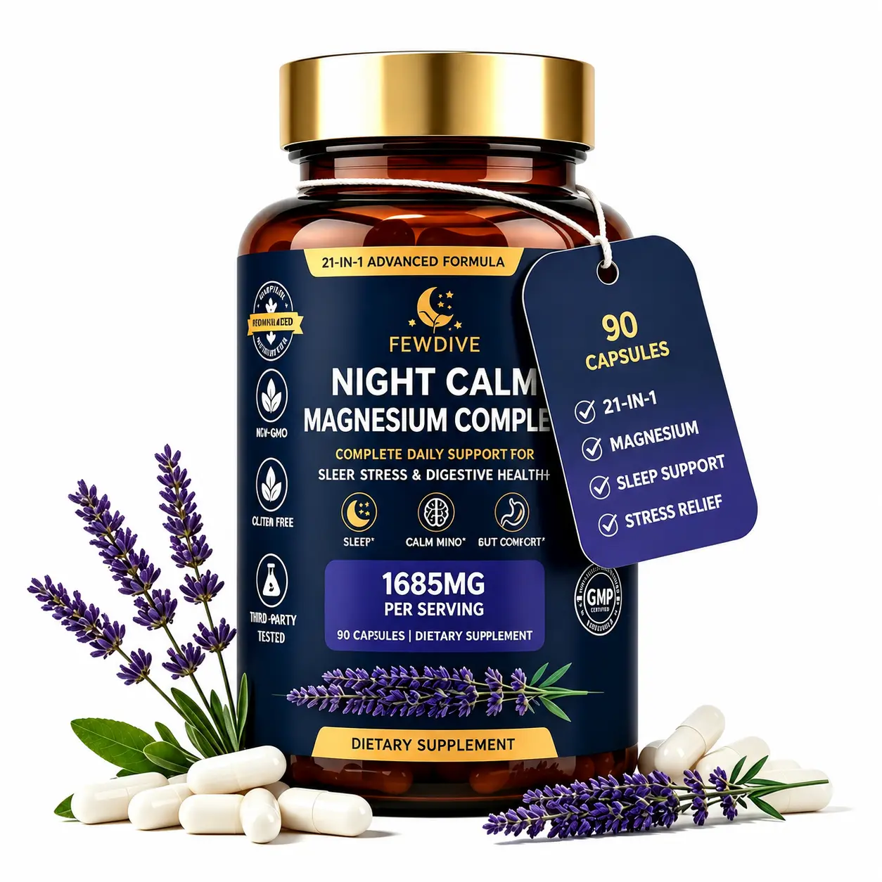 FEWDIVE 21-in-1 Magnesium Complex 1685mg | Stress Sleep Wellness, Muscle Function & Digestive Health, Magnesium with Zinc & B6 | Memory Support Aid, Calm Mood Digestive Relief Supplement Daily Support for Focus | 90 Capsules