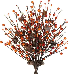 6 Pcs Artificial Berry Picks with Rusty Metal Stars Orange and Cream Primitive Pip Berry Sprays Fall Floral Stems 17" for Autumn Country Wedding Thanksgiving Wreath Basket Floral Arrangement
