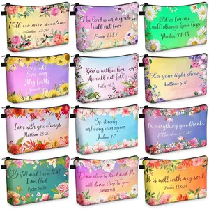 12 Pcs Inspirational Christian Gifts Religious Makeup Bags Bulk for Women Bible Verse Flower Cosmetic Bag Thanksgiving Christmas Gift for Church Ladies