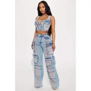 Losing Time Cargo Pant Set - Acid Wash Denim