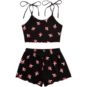 Pajama woman Women's Summer Color-Block Lace Cow Print Camisole and Shorts Pajama Set