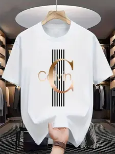 Comfortable Casual Men's T-Shirt, Calvin Graphic Large Print, Stripes, Accents, Breathable Round Neck