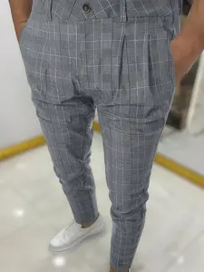 Business Casual Men's Pants, Comfortable Breathable Stretch Fashion Long Pants, Houndstooth Pattern, Fitted, All Seasons