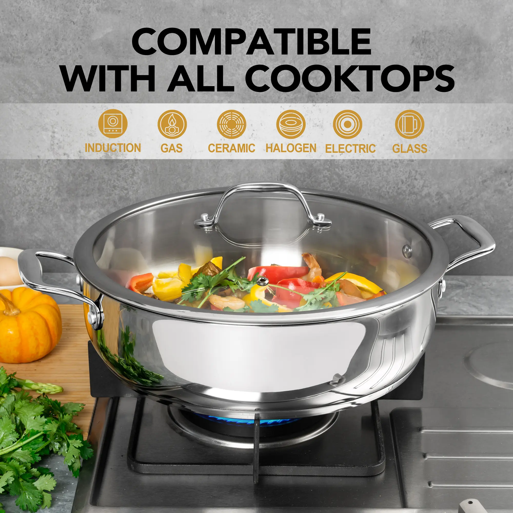 MICHELANGELO 12 Inch Stainless Steel Pan with Lid - Large Saute Pan with Lid, 7 QT Deep Frying Pan Dishwasher & Oven-Safe, All Cooktops Compatible, 6 Quart