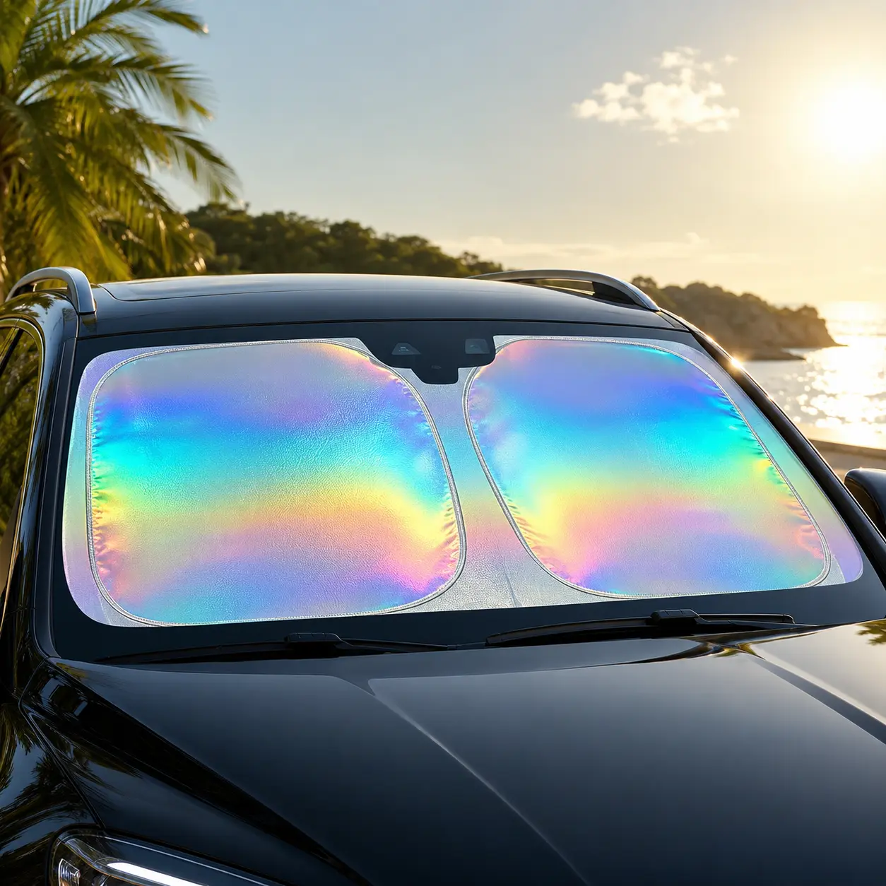 Universal Car Windshield Sunshade 57×31.56 Inch, Car Windshield SunScreen with Laser Reflective Coating, Foldable Anti-UV Windshield Sun Shade, 210T Radium Silver Fabric for Car Interior Cooling