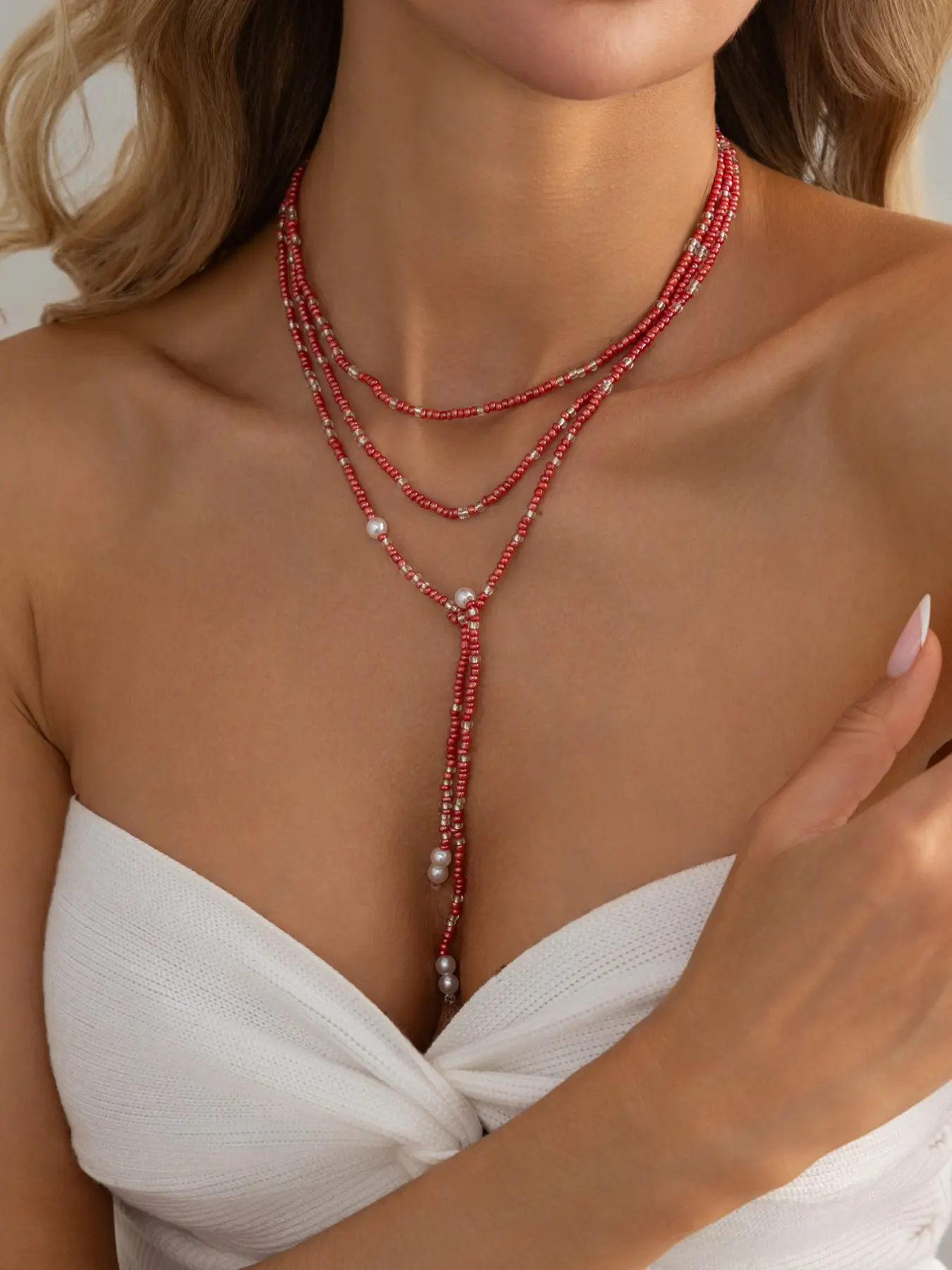 Island Vacation Two-Tone Beaded Necklace, Unique Colorblock Fringe Design, Beach/bikini Eye-Catching Clavicle Chain, Beaded Texture, Exquisite Chain Jewelry