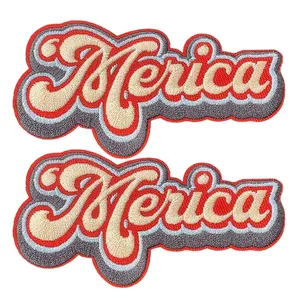 Merica Embroidered Patch Set 2Pcs Retro-Style Letter Patches with Adhesive Backing for Ironing Sewing Red Cream Gray Threads Ideal for Jackets Hats Backpacks Patriotic Events