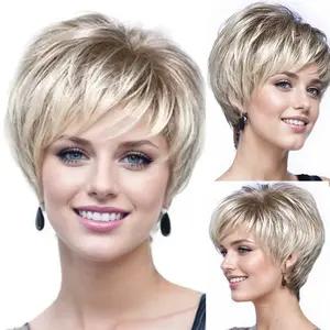 Short Blonde Wig with Bangs for Women Gold Color Straight Hair Replacement Wig Soft Heat Resistant Wig Natual As Real Hair Cosplay Party Wig Moomy Wig