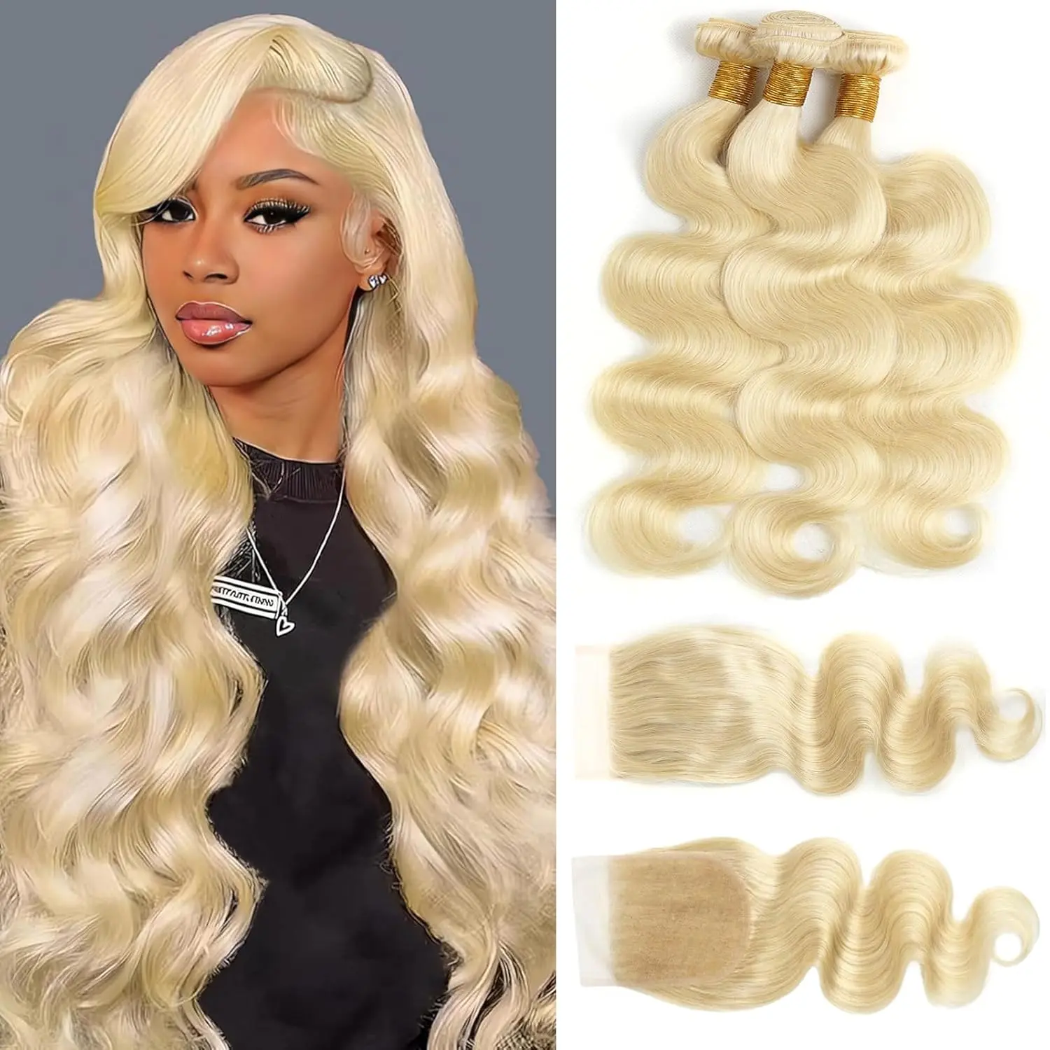 613 Bundles Human Hair Blonde Body Wave Human Hair 3 Bundles with 4x4 Transaprent Lace Closure 100% Unprocessed Virgin Human Hair Weave Extensions with Closure % Unprocessed Virgin Huma