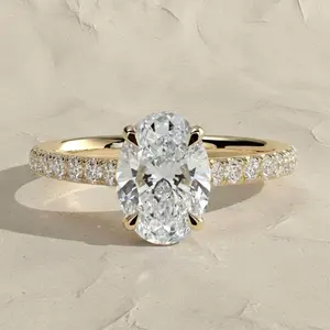 3.00 CT Oval Lab Grown Yellow Gold Engagement Ring, Pave Band 925 Sterling Silver