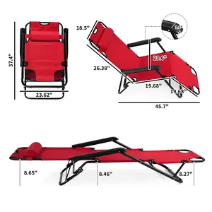 Portable Dual Purposes Extendable Folding Reclining Chair Red with Adjustable Backrest and Armrests for Outdoor Use Steel Tube & Oxford Material