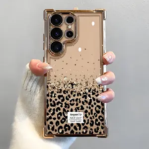 Gold Foil Leopard Print Pattern Phone Case,Electroplated Cover with Airbag Shockproof Slim Soft TPU Cover for Samsung S26 S25 S24 S23 S22 Ultra S25Edge S24FE Plus S25+ , Cute Aesthetic Gradient Design