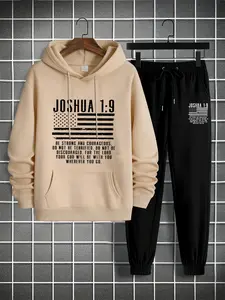 Hoodie and Sweatpants Set, Joshua 19 American Flag & Bible Verse Print, Fitted Long Sleeve, Geometric Pattern, Fall&winter Casual Wear