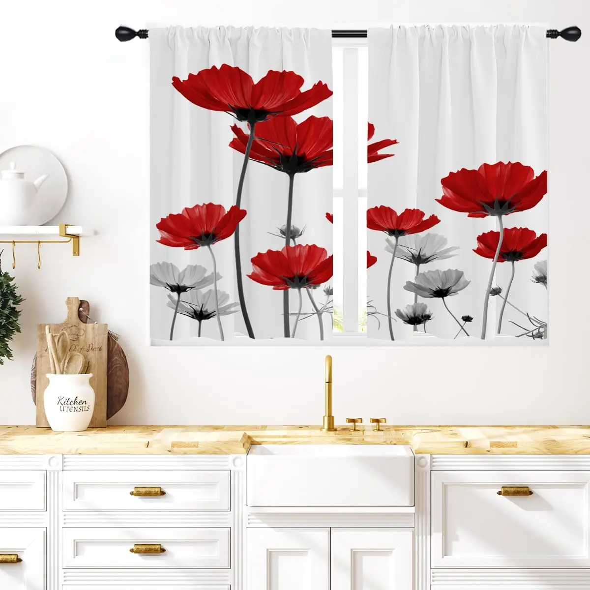 Red Floral Kitchen Window Curtains 27.5 x 39 Inch Small Short Mini Cafe Rod Pocket Flower Spring Black White Gray Grey Living Bedroom Room   Set of 2 Curtain Panels Drapes Tiers