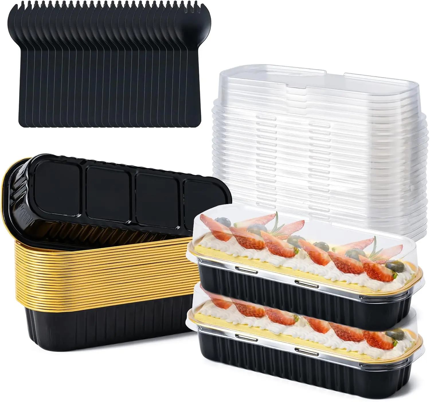 25-Pack Mini Cake Pans Set with Lids and Spoons, Heat-Stable Disposable Aluminum Foil Rectangular Baking Containers (6.8oz, Black/Gold) - Kitchenware Bakeware Baking Supplies for Parties, Heat-Stable Disposable Bakeware Pans