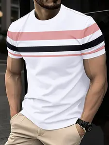 Men's Round Neck T-Shirt, Colorblock Striped Casual Fashion, Regular Fit Daily Wear, Houndstooth Pattern, Short Sleeve, Fitted Style, Menswear, Top, Casual Summer Style