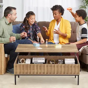 43 Inch Farmhouse Lift-Top Coffee Table, Brown Wavy Wood Grain, Multi-Functional Lift-Up Design with Hidden Storage Compartment, Quiet Safe Lifting System, Easy 30-Minute Assembly, Living Room/Office Furniture