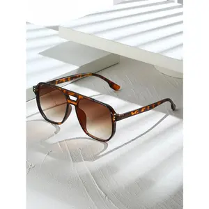 1pc Unisex Tortoise Shell Color Square Frame Double Bridge Pilot Style Fashion Glasses For Vacation Boho Shades Beach Accessories Beach Accessories For Women Glasses Shades Basics Fall Winter Women Outfits Clothes Business Casual Gifts Leopard