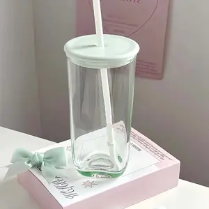 16oz Portable Mint Green Recycled Glass Tumbler Water Bottle with Washable Reusable Triangular Straw - Kitchenware Drinkware for Household Coffee, Gifting