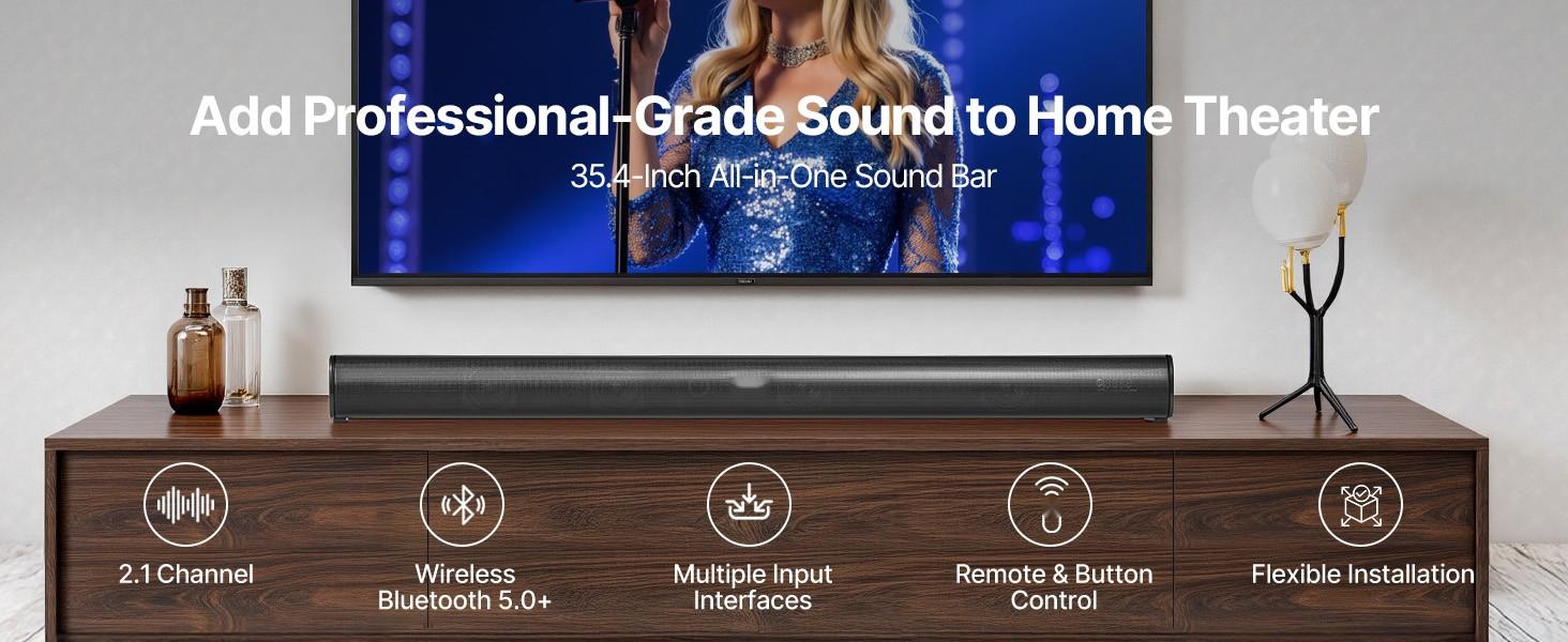 Sound Bar For Smart TV, 2.1 Channel, 35-Inch Compact Soundbar TV Speakers With Built-In Subwoofer For Projector, Bluetooth Aux Connection, Easy Setup, 120W Surround Sound System For Home Audio Sound Bar For Smart TV, 2.1 Channel, 35-Inch Compact Soundbar TV Speakers With Built-In Subwoofer For Projector, Bluetooth Aux Connection, Easy Setup, 120W Surround Sound System For Home Audio