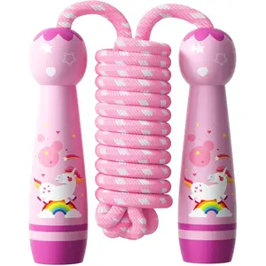 Jump Rope for Kids Adjustable Cotton Braided Skipping Rope with Wooden Handle for Toddler Fitness Workout Exercise Outdoor Activity