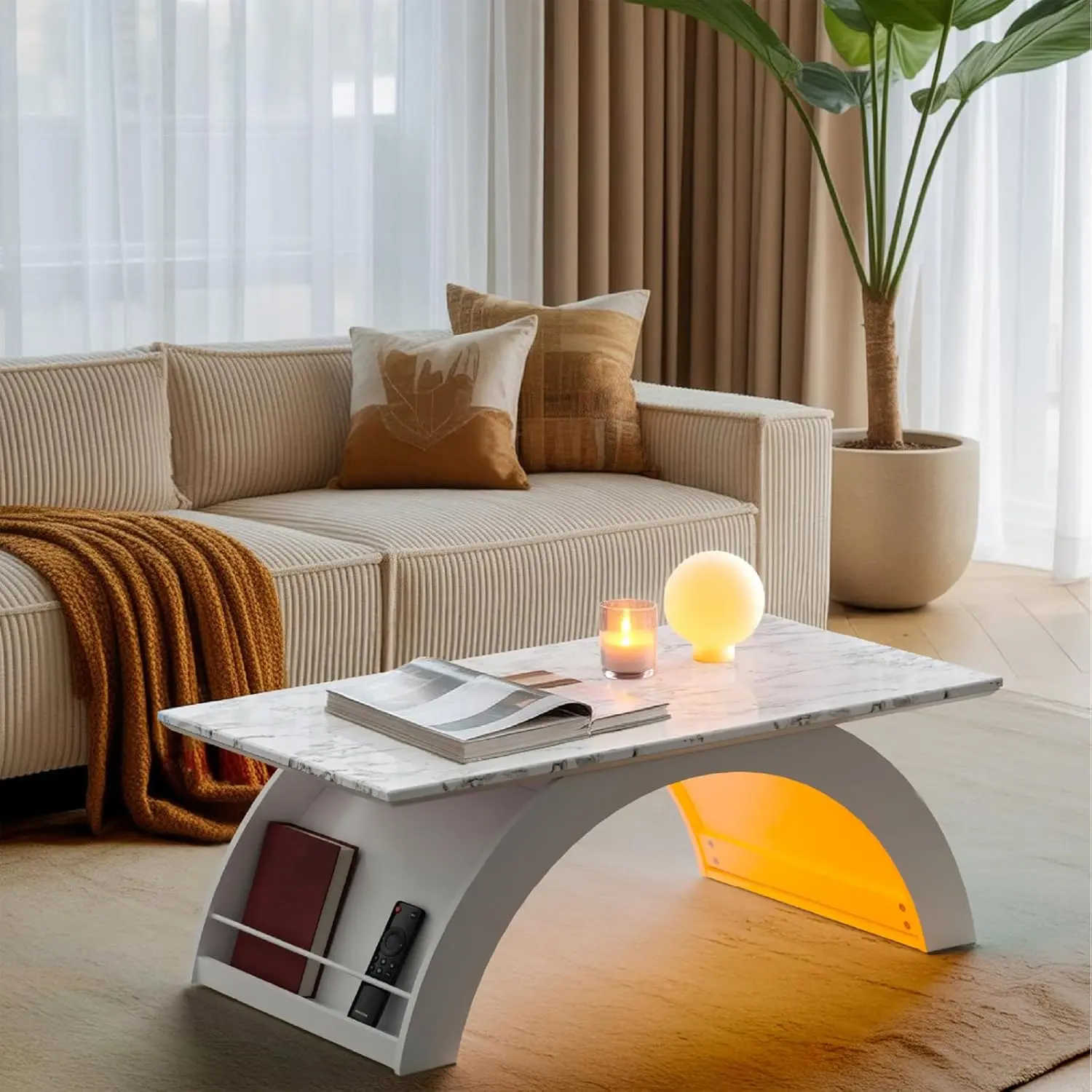 Modern Marble Finish Indoor Furniture Set - Coffee Table, 2 End Tables with RGB LED Lighting, Scratch-Resistant for Living Room, Office