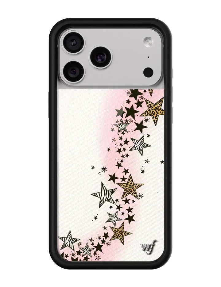 Katie Fang Collab | Limited Edition Trendy Collab iPhone Case | Raised Protective Black Bumper | Women Owned Small Business | White Background Pink Flow Leopard and Zebra Print Stars | Safety Casing Protective | Gift for Her Smartphone Custom