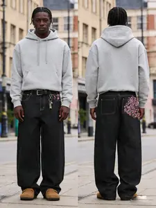 Floral Embroidered Loose Wide Leg Jeans, Street Style Denim Jeans, Fashionable All-Season Wear, Trendy Women's Clothing