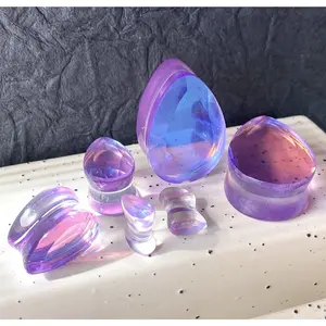 PAIR Iridescent Faceted Mermaid Glass Teardrop Plugs Tunnels Gauges Tear Drop