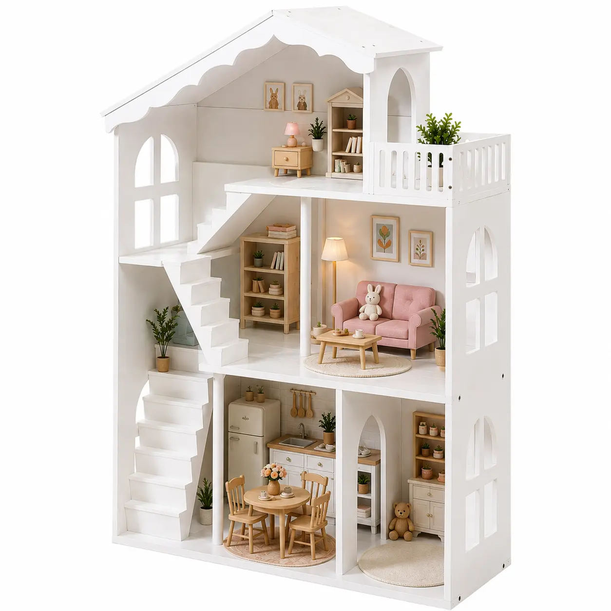 White Multi-Level Wooden Montessori Dollhouse Bookshelf with Arched Windows - Open Storage Bookcase, Toy Organizer for Toddlers' Kids Room, Nursery Playroom Indoor Furniture