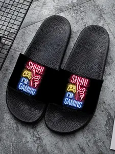 "SHHH! I’M GAMING" Neon Game Controller Slippers - Non - Slip Indoor Outdoor Slides for Gamers, Funny Gaming Bathroom Sandals