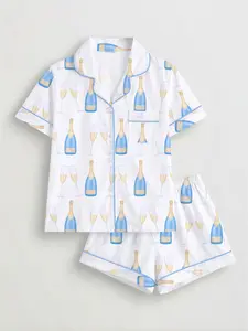 Women's Beverage Print Pajama Set, Short Sleeve Button-Up Soft Top & Loose Elastic Shorts, Casual Home Wear Nightwear for All Seasons, Loungewear